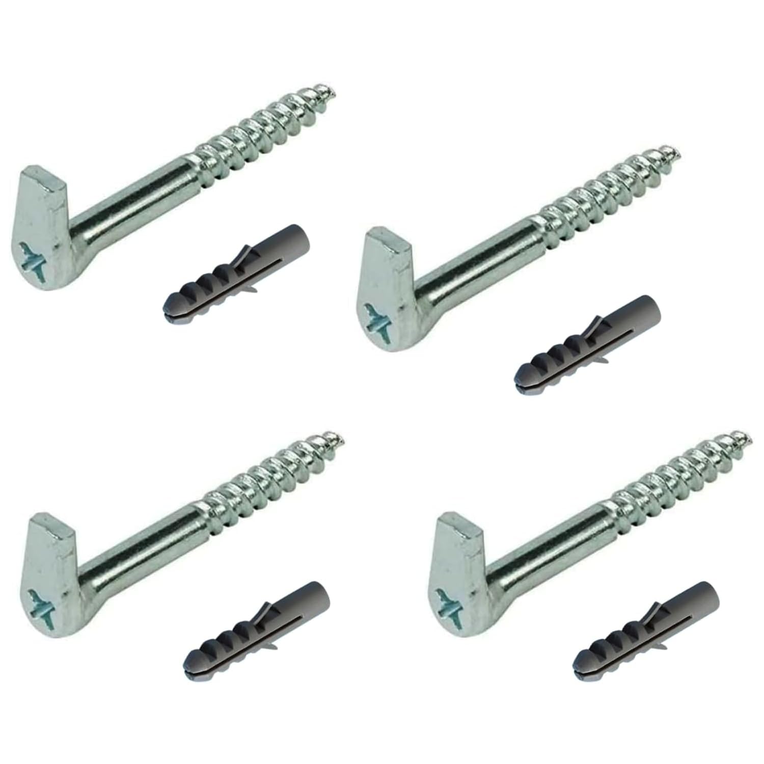 Slotted Square Hooks 100mm (4 Pack), Heavy Duty L Hook Screw-in with Cross Slot, Galvanised Steel