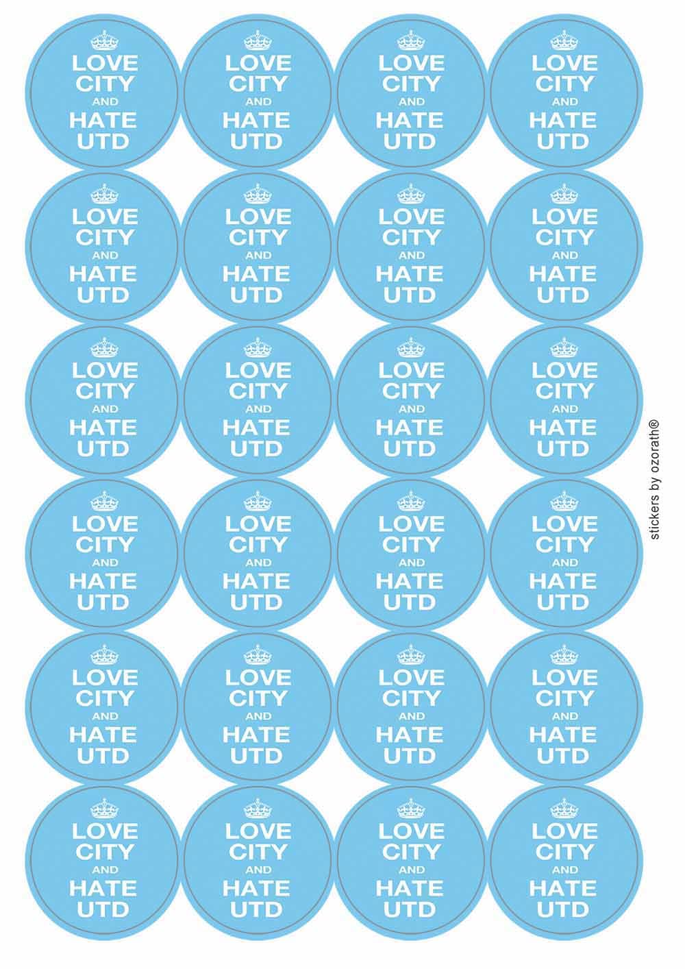 Love City and Hate Utd Circular Matt Paper Stickers A4 Sheet of 24 (Each Sticker is 45mm Diameter)