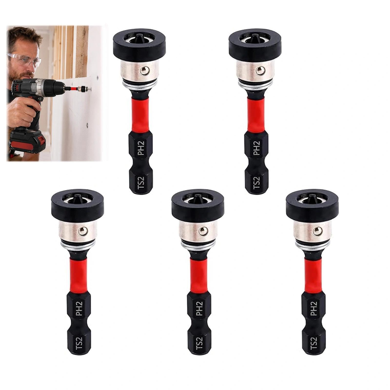 5pcs Magnetic Drywall Screw Setter Bits,Magnetic Screwdriver Bits Removable Magnetics Collar for Plasterboard Screw Drilling Gun Tools