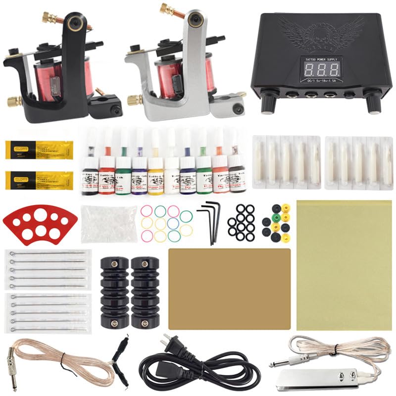 Tattoo Kit for Beginners Coil Tattoo Machine Kit Dual Tattoo Gun Set with Dual Power Supply 5RL 5M1 Cartridges 10 Colors Practice Skin for Lining Shading Starter Artists