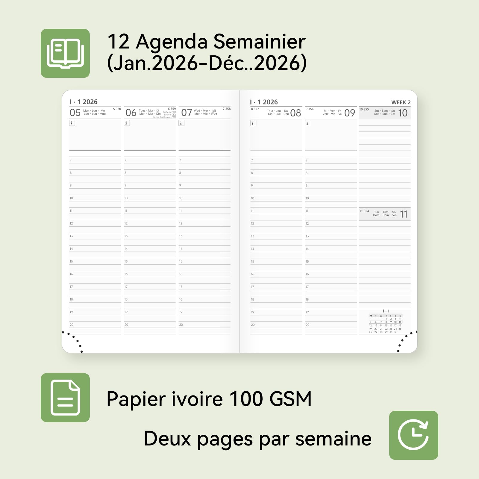 Agenda semainier 2026 A4 28,6 x 21 cm Couverture rigide 12 mois Janvier à Décembre
