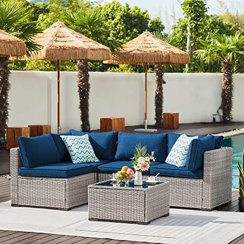 Natural Expressions Patio Furniture Set, Outdoor Furniture Sectional Sofa 5 Piece Wicker All Weather Outdoor Couch With Tempered Glass Coffee Table & Olefin Cushions For Deck Backyard Balcony Sunroom #TOP28
