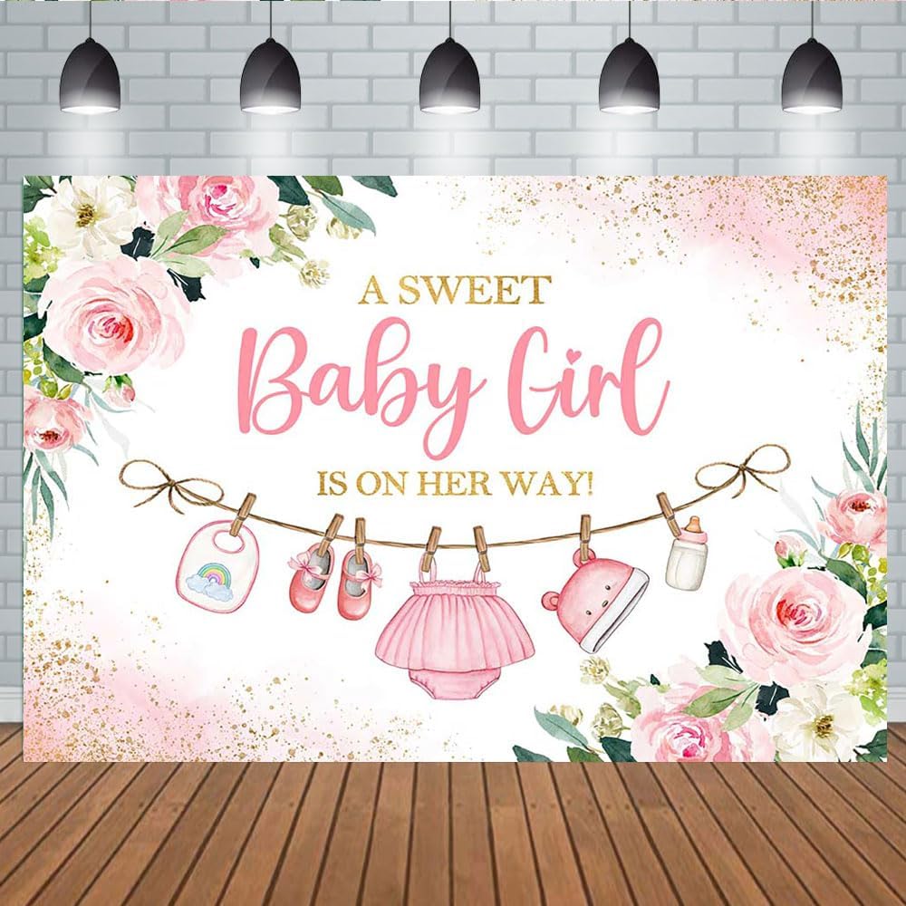 Aperturee 5x3ft Cute Clothes Baby Shower Backdrop for Girls a Sweet Baby Girl is on The Way Newborn Kids Pink Floral Gold Dots Baby Shower Party