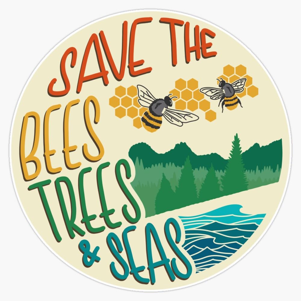 Save The Bees Trees & Seas Retro Sticker Vinyl Waterproof Sticker Decal Car Laptop Wall Window Bumper Sticker 5"