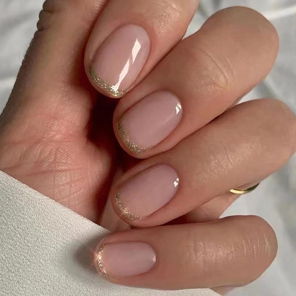 24Pcs Short Square Press on Nails French Manicure Fake Nails with Pink Glossy Acrylic & Gold Border Accent Glitter Designs Artificial Full Cover Nails