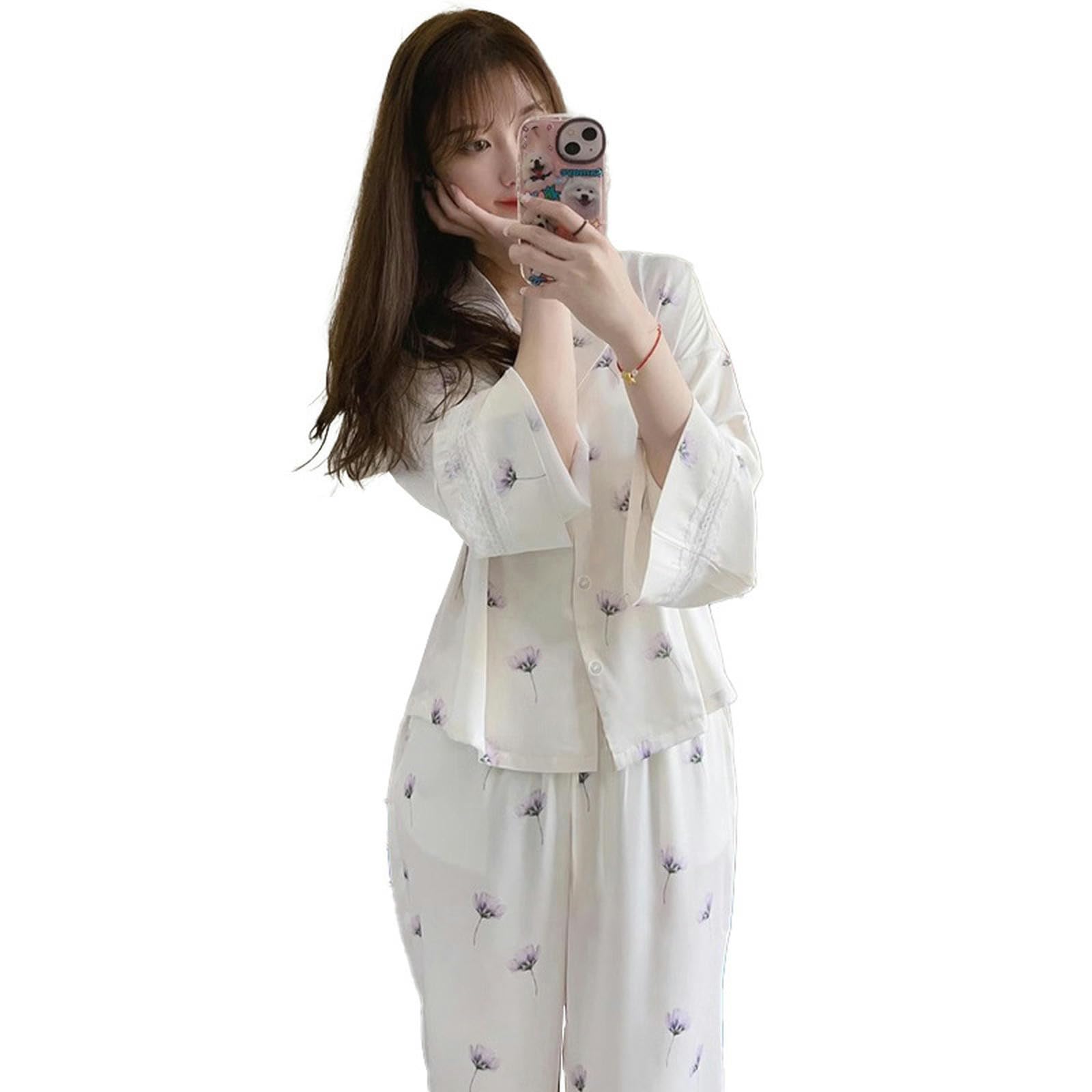 Pigiami da Donna Pigiama da Donna Primaverile E Autunnale, Cardigan in Raso, Manica Lunga, Fiore, Casual, alla Moda, Set di Vestiti per La Casa, Donna-a-m