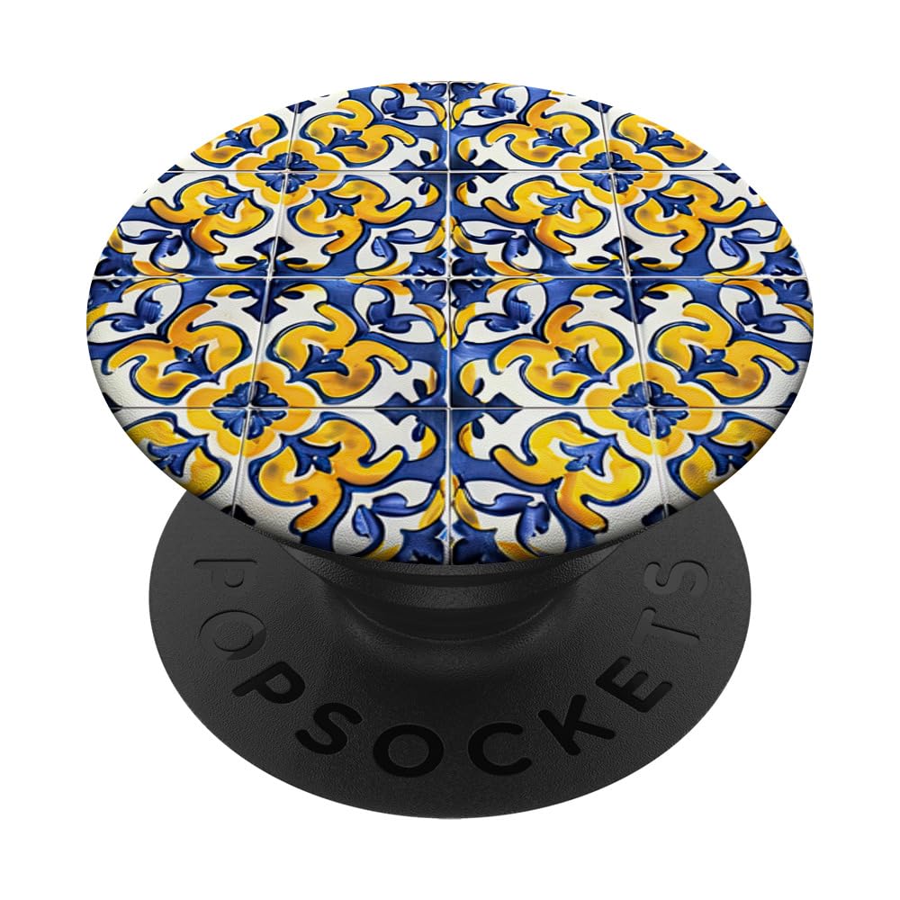 Portugese Tile Traditional Terracota Floral Pattern PopSockets Adhesive PopGrip, Black