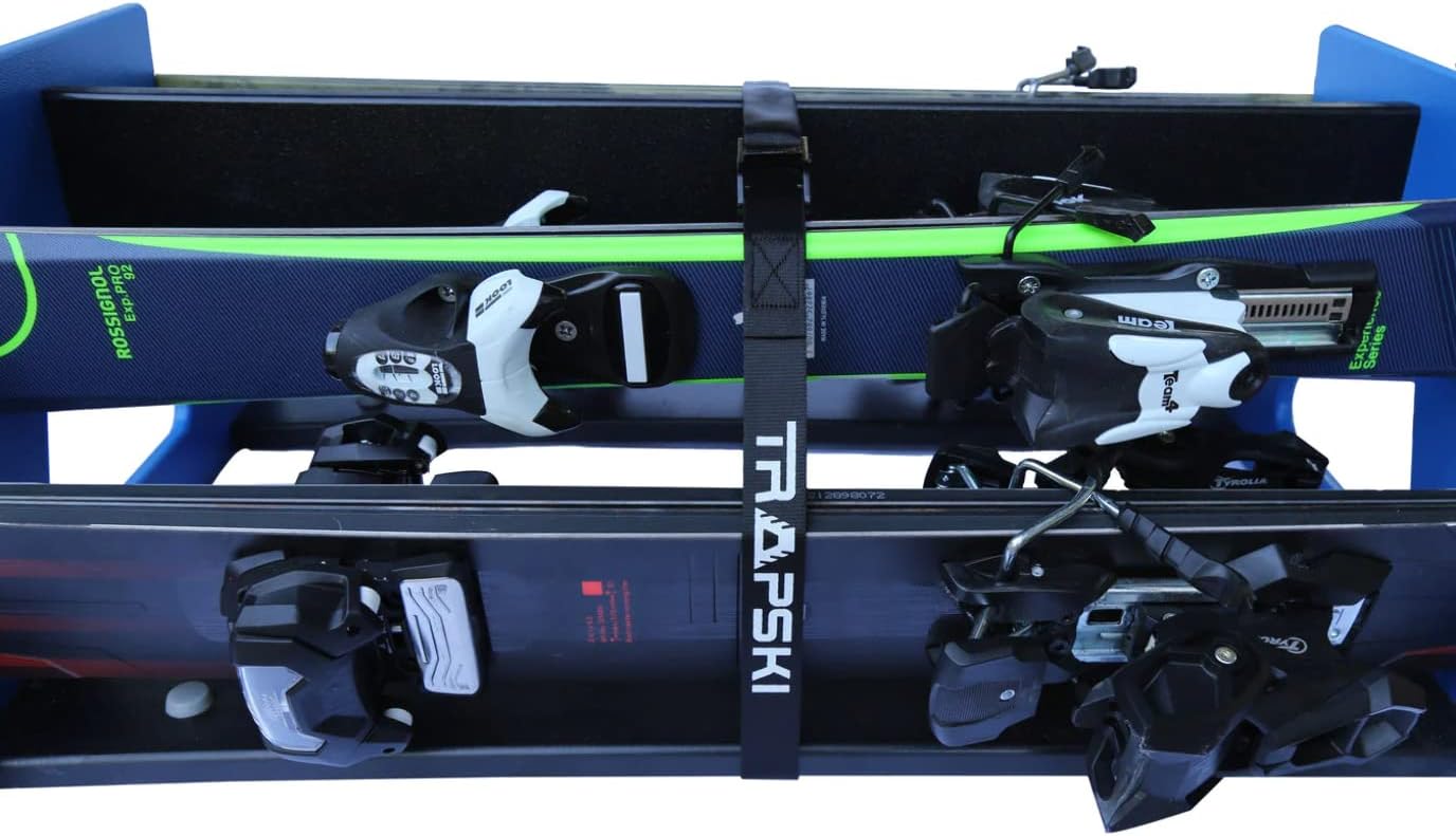 TRAPSKI Quad Powder Ski and Snowboard Mobile Rack | Marine Grade HDPE Plastic | UV Protected | Premium Strap Included | 3 Year Warranty | Made in The USA | Veteran Owned Business (Blue, Quad)