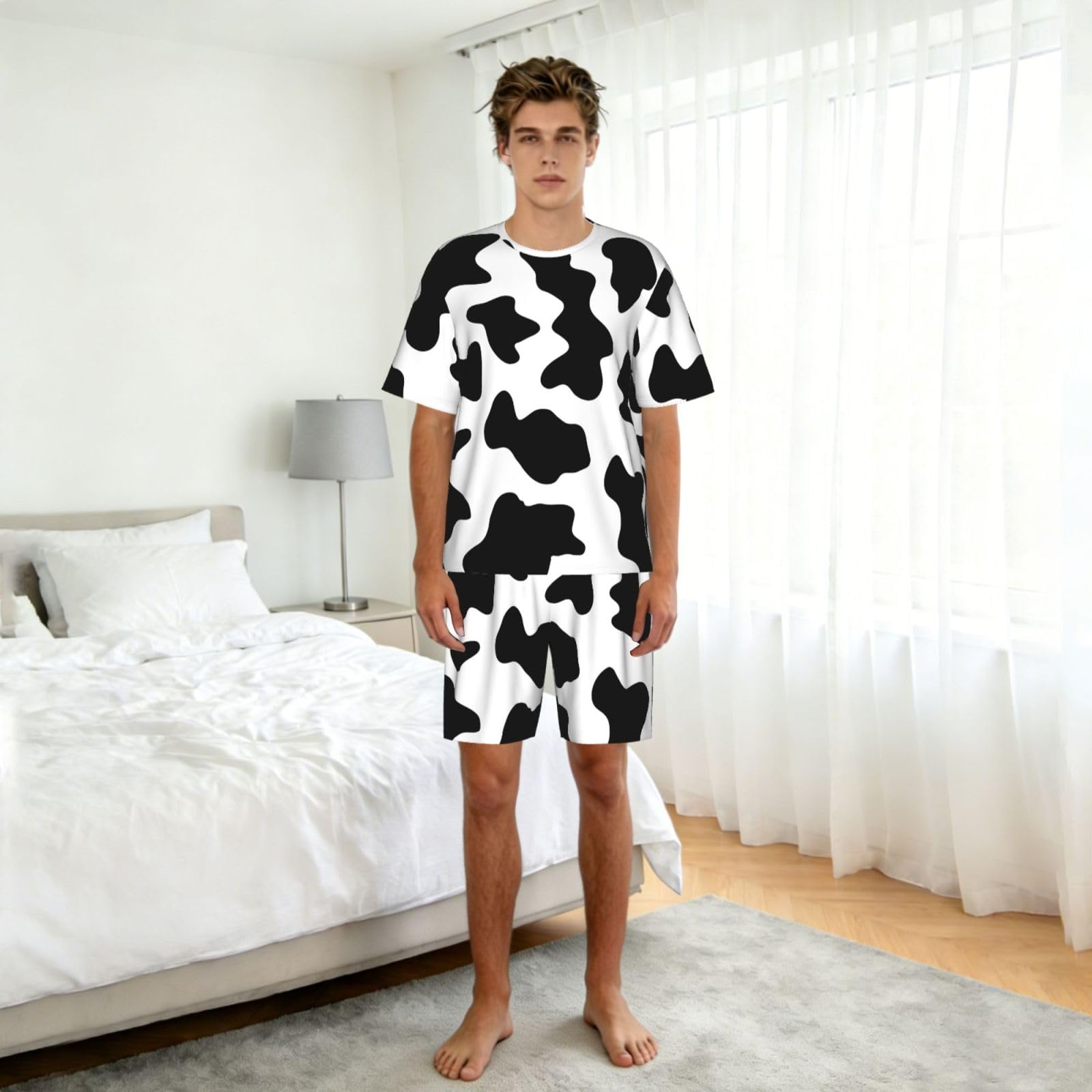 Bianco E Nero Stampa Mucca Stampa Uomini Manica Corta Pigiama Set Pigiameria Leggero Traspirante Morbido Homewear 2 pezzi