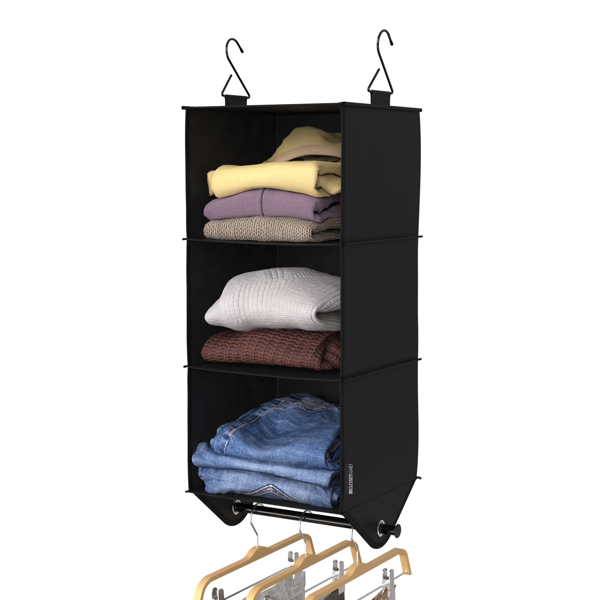 ClosetMaid3-Shelf Fabric Hanging Closet Organizer with Garment Rod for Shirts, Sweaters, Pants, Hats, Shoes, Purses with Charcoal Black Finish