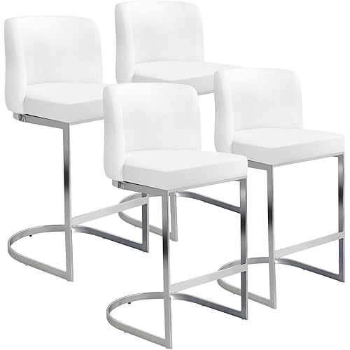 Counter Height Bar Stools Set of 4, Modern 26" Counter Stools with Back and C-Shaped Metal Frame, Upholstered Faux Leather Bar Chairs Island Stools for Kitchen Counter, Home Bar, Pub, White