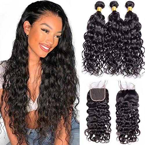 Lemoda Malaysian 10A Water Wave 3 Bundles with Closure 18 20 20 with 16inch Unprocessed Virgin Hair Weave Weft