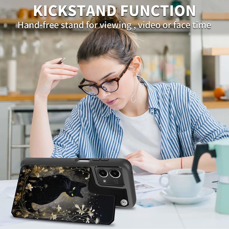 Miniatura 5 de FUYOCWE Funda para Motorola Moto G Stylus 5G 2023 con tarjetero, diseño de gato negro con diseño floral dorado de piel sintética con ranura para