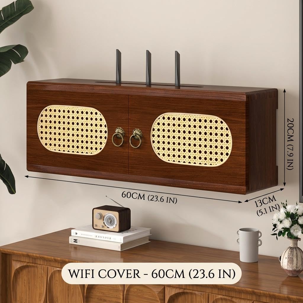 Mobiletto WiFi in legno scuro, Scaffale a muro vintage, Organizer router