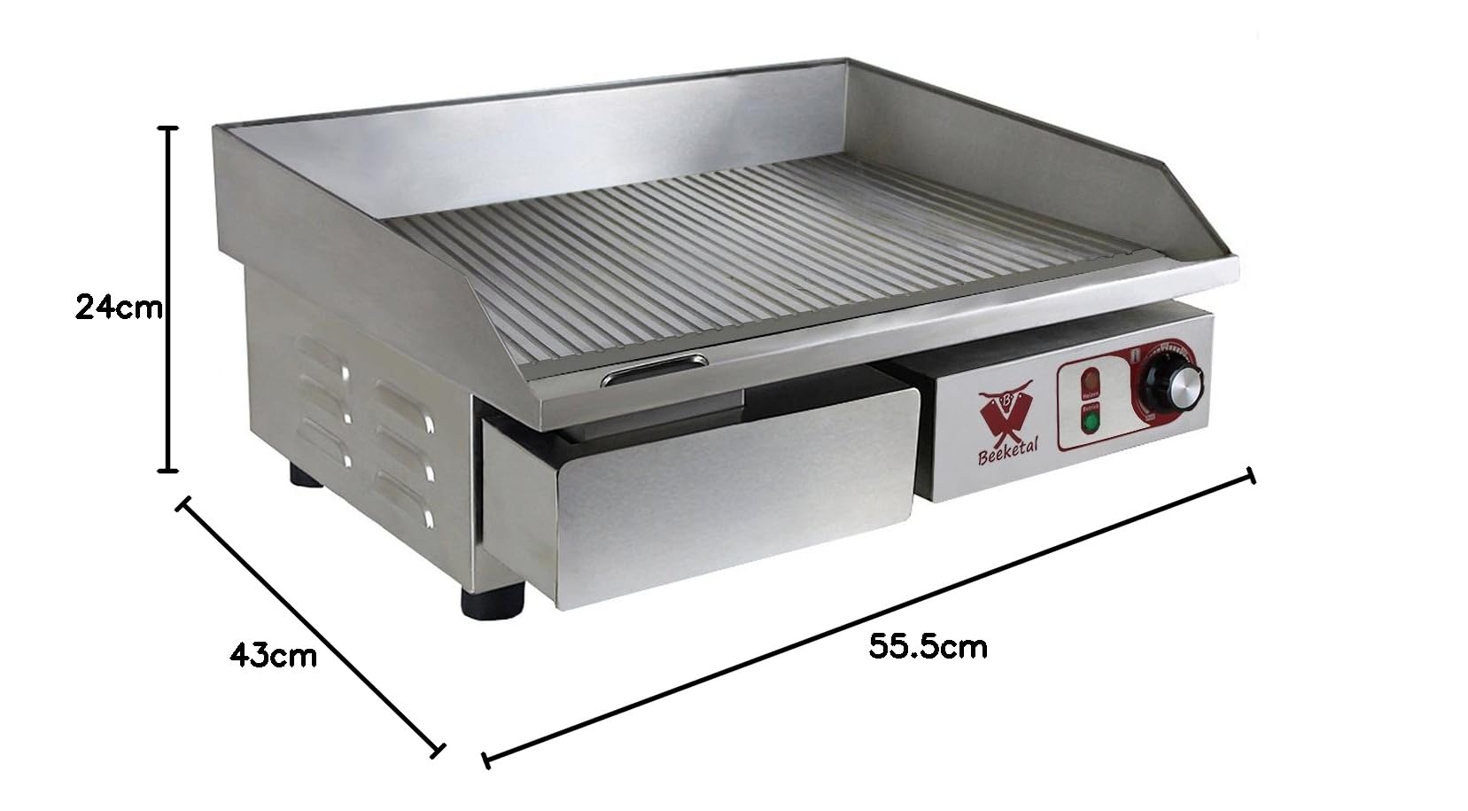 Beeketal 'BGP-c' Profi Gastro Gusseisen Grillplatte elektrisch mit 55 x 35 cm Grillfläche (geriffelt), stufenlos 50-300 °C (3000 Watt), Elektrogrill mit Spritzschutz und Fett Auffangbehälter
