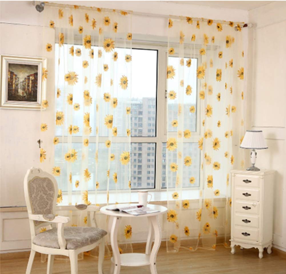 Adtop Yellow Sunflower Sheer Transparent Door Balcony Window Screen Curtain Tulle Panel Voile Drapes Valance 39.37" X 78.74" (Yellow)