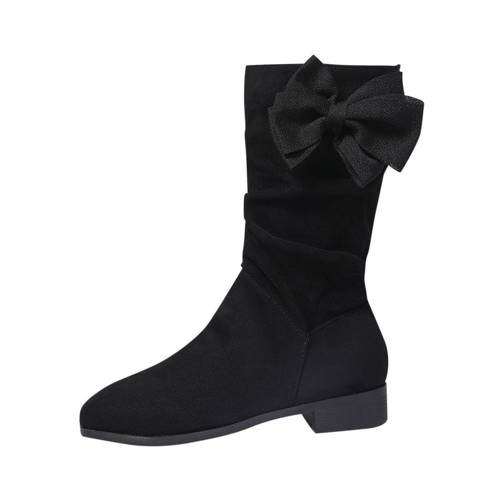 Women Suede Booties Non Slip Flat Mid Calf Boots Wide Calf Poll On Casual Boot Bow Round Heel