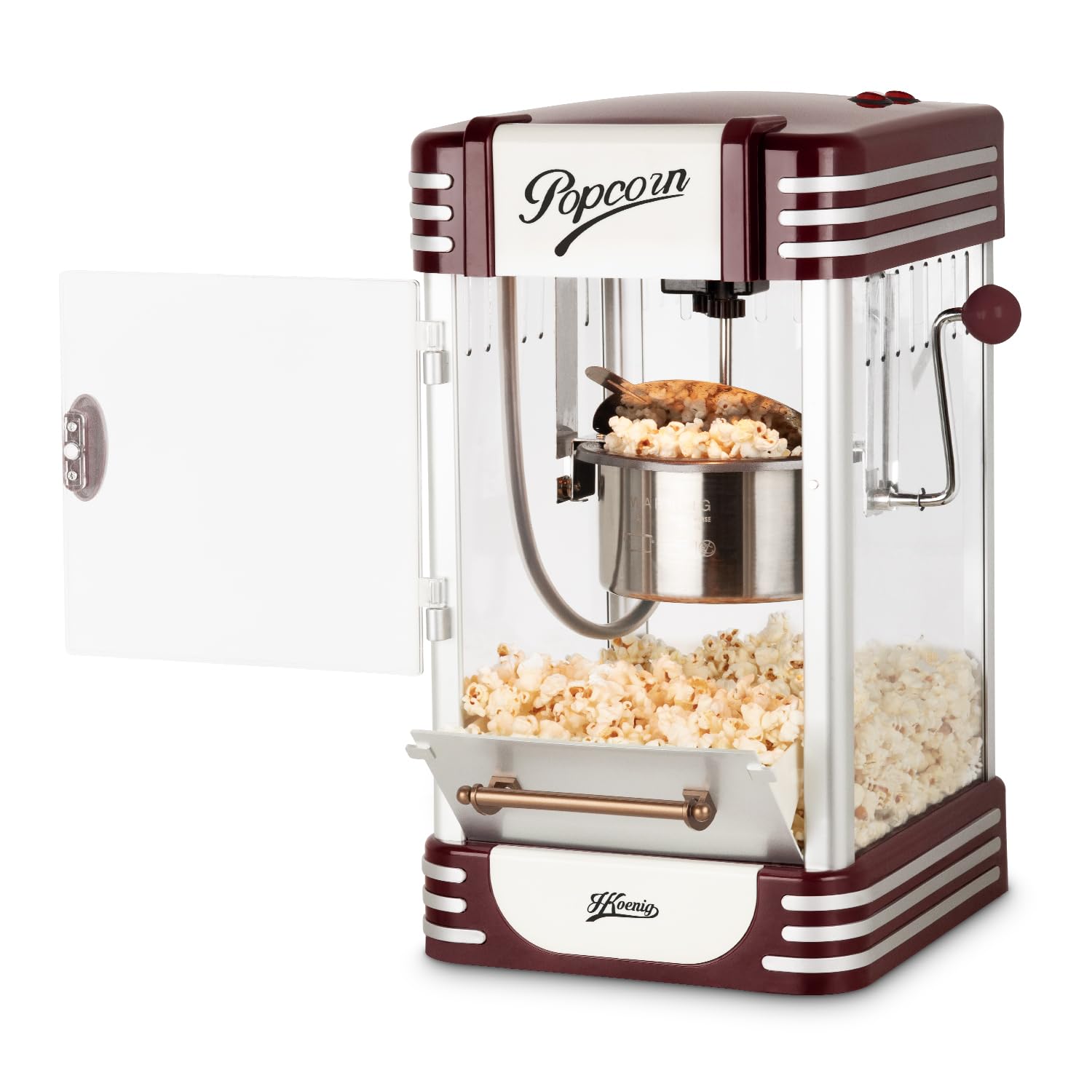 H.Koenig Maszyna do popcornu POP330, łatwy i szybki domowy popcorn, retro design, garnek ze stali nierdzewnej i aluminium, pojemność 50 g, magnetyczne drzwi, 360 W