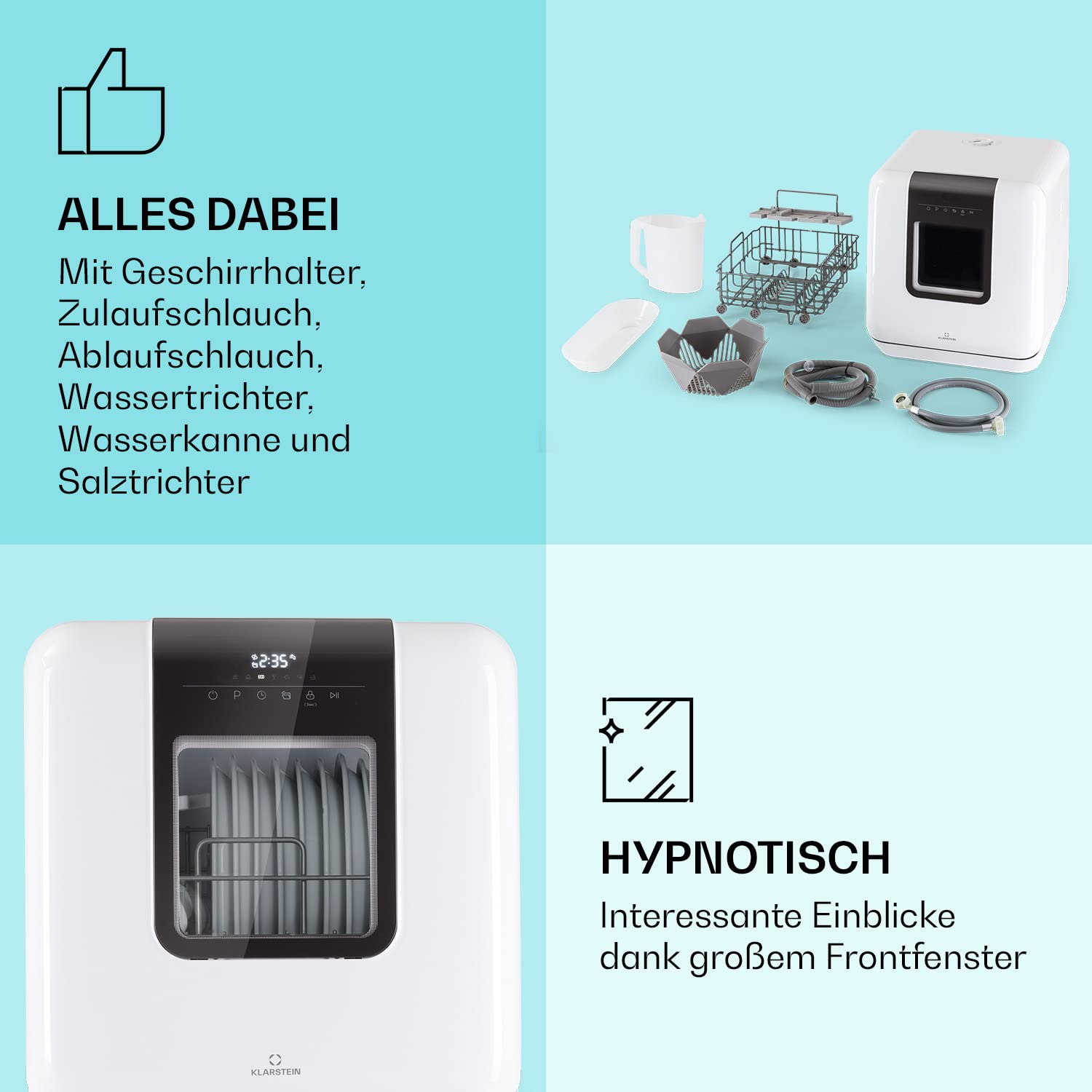 Klarstein Mini-Geschirrspüler für 3 Gedecke, Leiser Einbau-Geschirrspüler Klein mit 7 Spülprogrammen, Kleiner für Zuhause Büro Camping, Mini mit Wasseranschluss