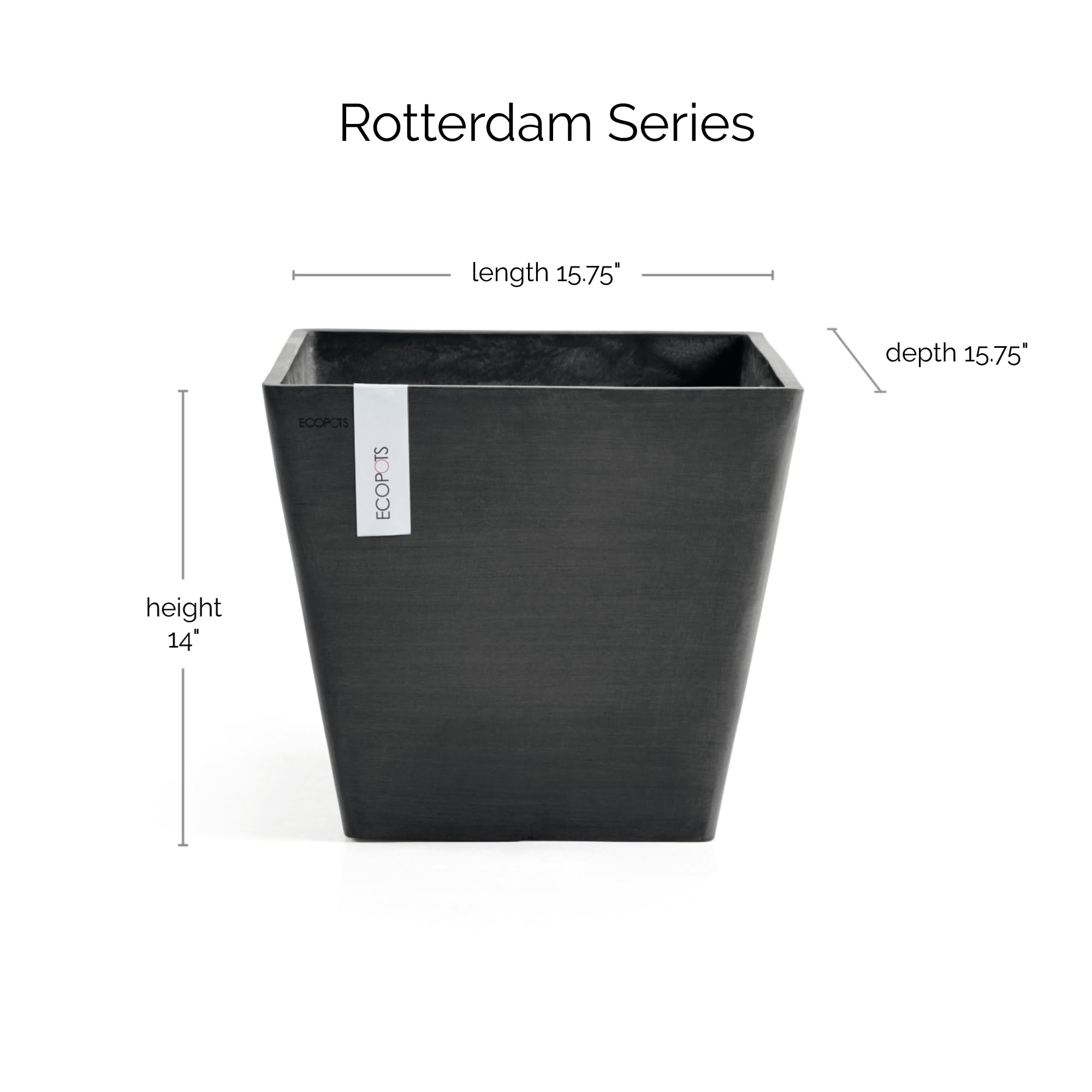 Ecopots Ashortwalk Rotterdam - Vaso per piante in plastica riciclata (larghezza 40 cm x lunghezza 40 cm x altezza 35 cm) (nero)