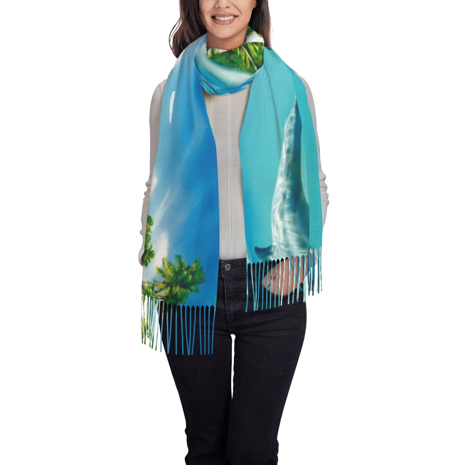 Sylale Unisex Swimming Dolphin In Blue Sea Winter Scarf - Women Long Scarves Warm Tassel Shawl Stole For Women Ladies