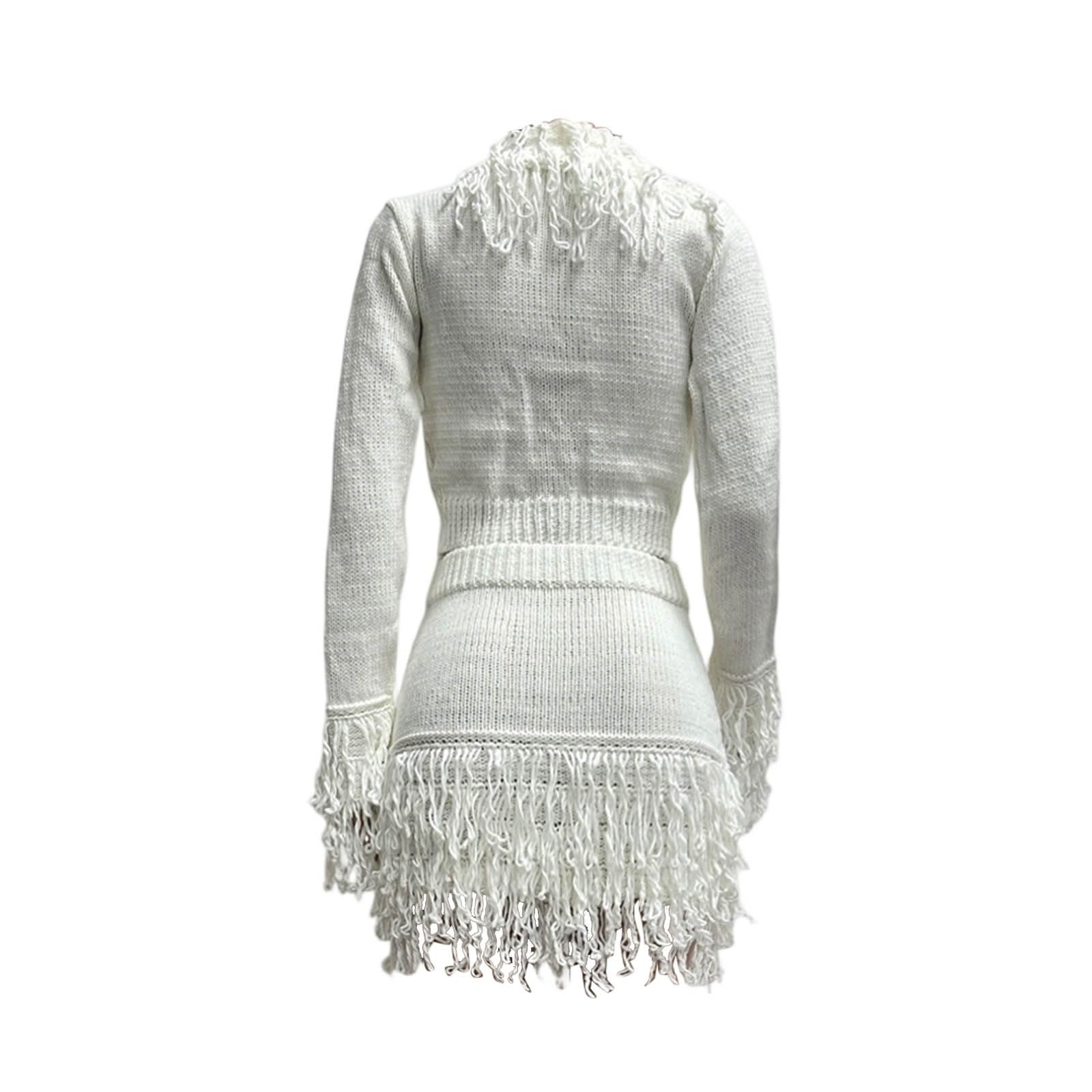 Gonna Aderente a Maniche Lunghe con Frange lavorate a Maglia e Cravatta, Elegante Abito da Festa per Autunno Inverno