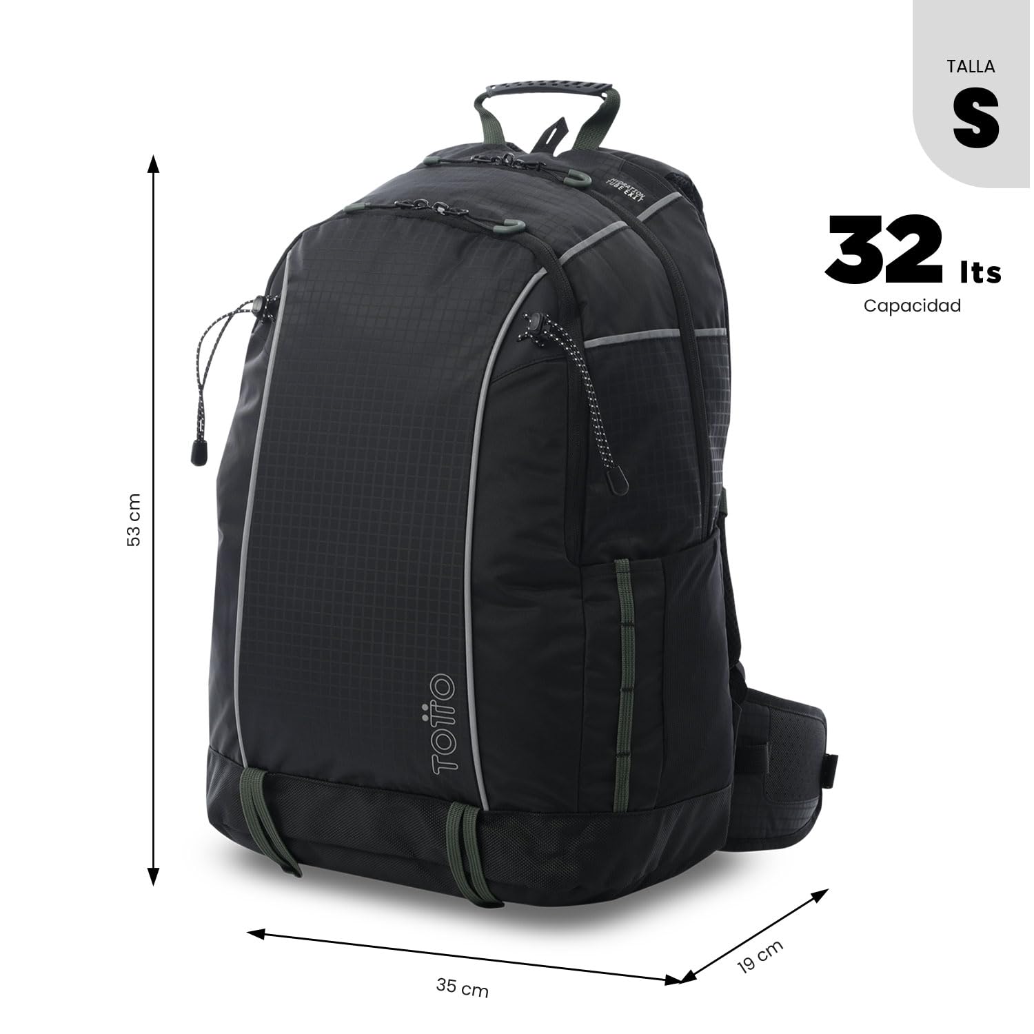 TOTTO - Mochila Senderismo, Modelo Summit 32, Capacidad 35L, Espaldar Acolchado con Flujo de Aire, Detalles Reflectivos, Bolsillo Botella, Bolsa Impermeable, Repelente a Líquidos, Color Negro y Verde