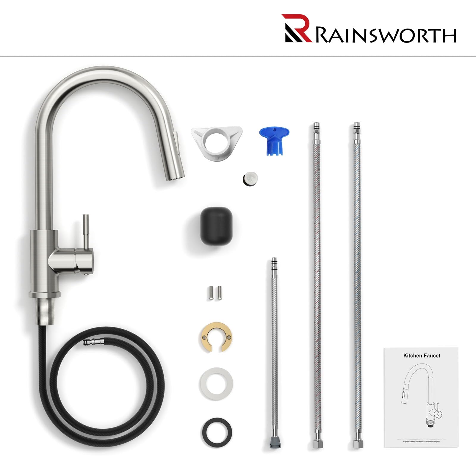Rainsworth Wasserhahn Küche mit Brause Ausziehbar - Hochdruck Küchenarmatur mit Zwei Wasserstrahlarten, Spültischarmatur 360° Drehung, Mischbatterie Küche aus Edelstahl Einfache Installation