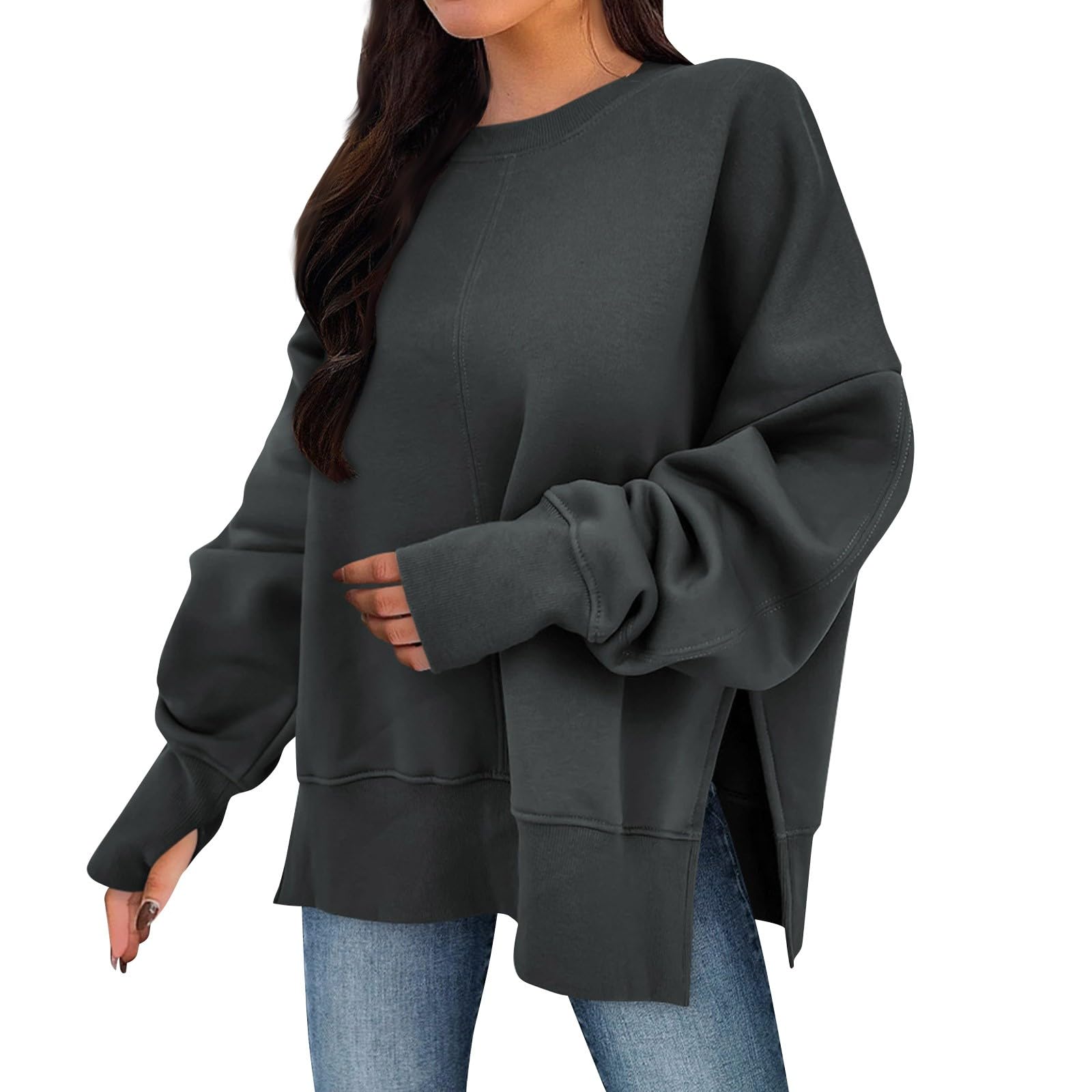 hayudier Womens Oversized Sweatshirt Crew Neck Long Sleeve Side Slits Pullover Tops Fall Fashion Outfits Y2k Winter Clothes