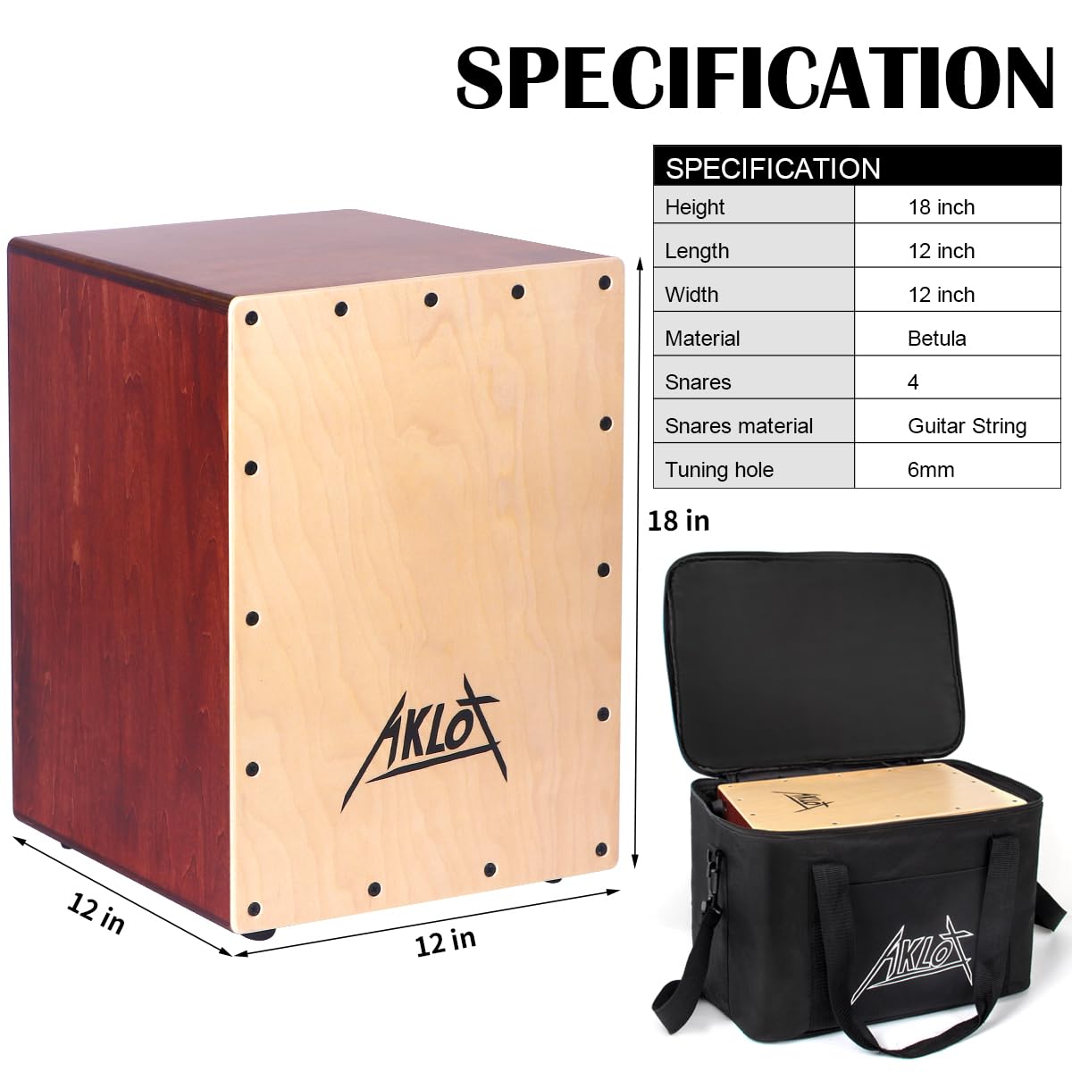 AKLOT Scatola di percussione in legno con pinze interne regolabili, legno betula, 30 cm
