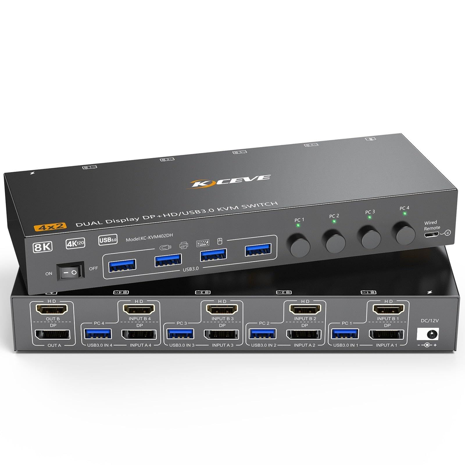 HDMI+Displayport KVM Switch 2 Monitors 4 Computers 8K@60Hz 4K@144Hz, Dual Monitor KVM Switch for 4 PC Share 2 Monitors and 4 USB3.0 Devices, with 4 USB Cables, Power Adapter and Wired Remote-picture-17