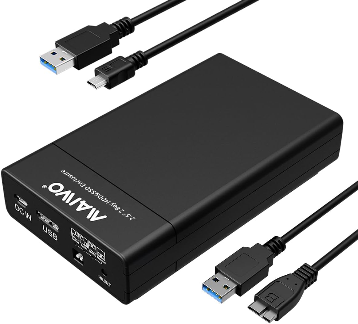 MAIWO Dual Bay RAID Hard Drive Enclosure with USB 3.0 for 2.5 Inch SATA SSD/HDD, Support UASP 12TB Capacity, RAID 0/1/JBOD/PM, Tool Free External HDD Enclosure
