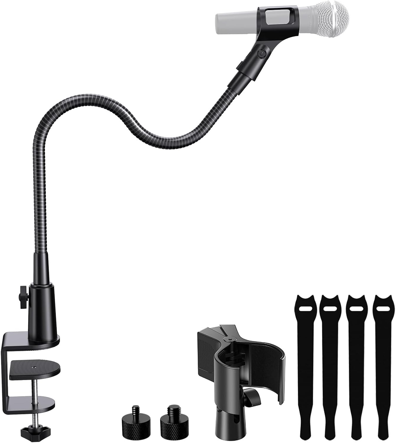 19″ Flexible Gooseneck Mic Stand with Desk Clamp【Heavy Duty】 & with 2 Mic Holders, 1/4″ & 3/8″ Adapters，for Gaming, Live Streaming, Podcast, Conference, and Podium