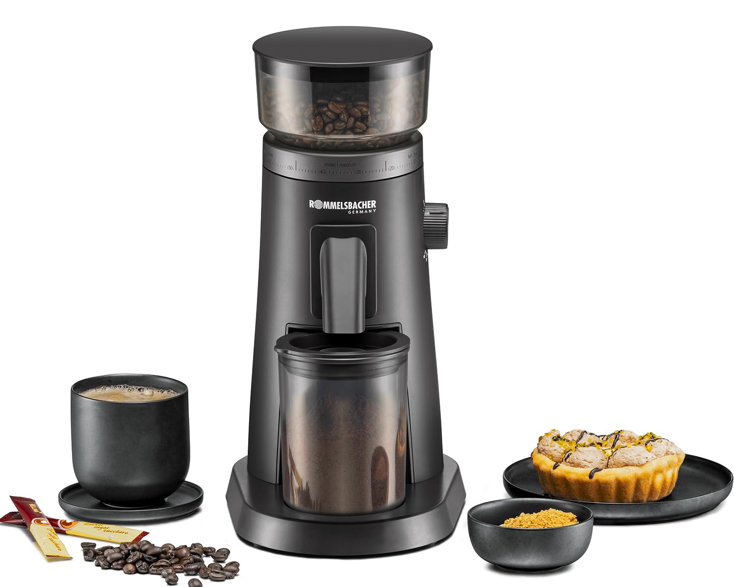 ROMMELSBACHER Molinillo de café Premium EKM 600, mecanismo de acero inoxidable con engranaje de metal resistente para molienda de alta homogeneidad, espacio muerto optimizado con fuelle adicional, 75