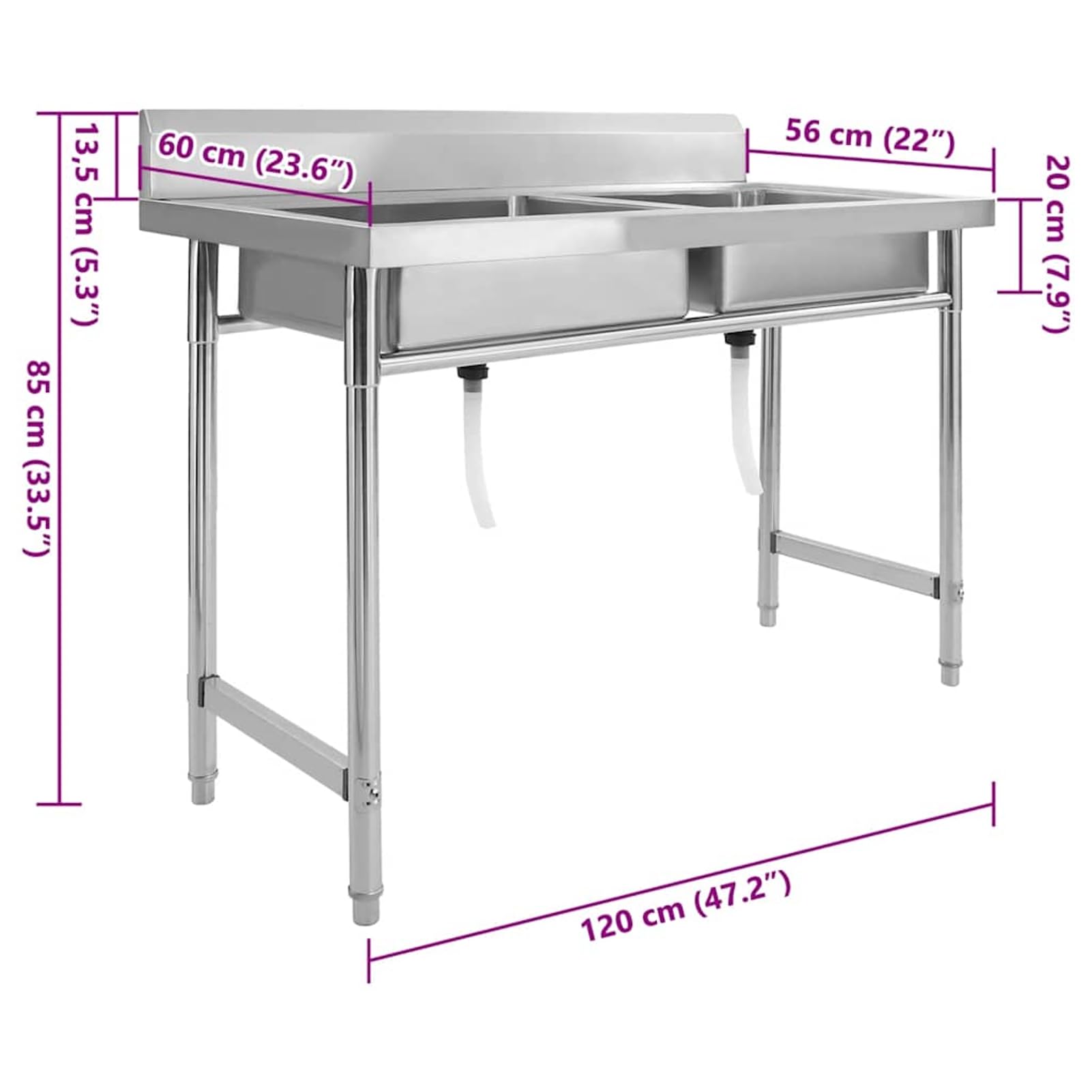 Homgoday Edelstahl Spülbecken Doppelbecken 120x60x85cm Silber für Küche & Restaurant - Lebensmittelecht & Montage erforderlich Küchenspüle Model144291