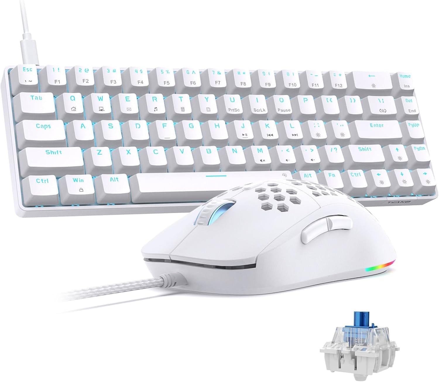 TMKB Falcon M1SE Gaming Mouse, T68SE 60% Mechanical Gaming Keyboard, LED Backlit, 12800DPI Optical Sensor with Blue Switch-White