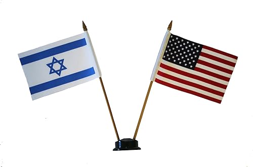 Bandera pequeña de Estados Unidos e Israel de 4 x 6 pulgadas, mini bandera de doble palo de país con soporte negro en un poste de plástico de 10
