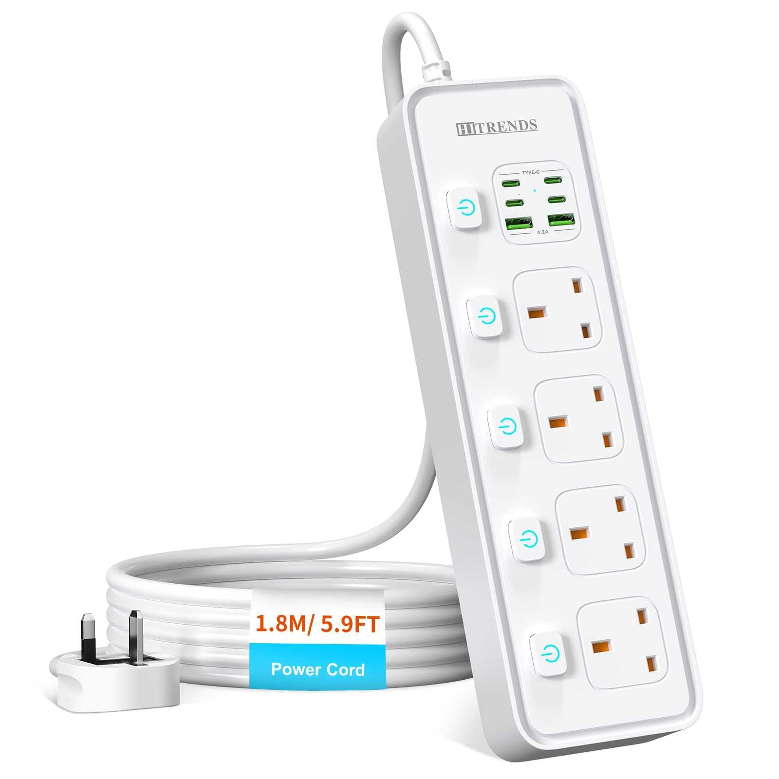 4 Way Gang Extension Lead with USB Slots, UK Plug 3 Pin Socket Outlet, 10-in-1 Surge Protector Plug Extension Socket with Individual Switches, Power Strip Extender with 1.8M Cable for Home, White
