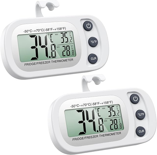 Oria 2 Pack Refrigerator Thermometer, Digital Freezer/Fridge Thermometer with Hook - Easy to Read LCD Display, Max/Min Function - Perfect for Home, Restaurants, Bars, Cafes,ect.- White
