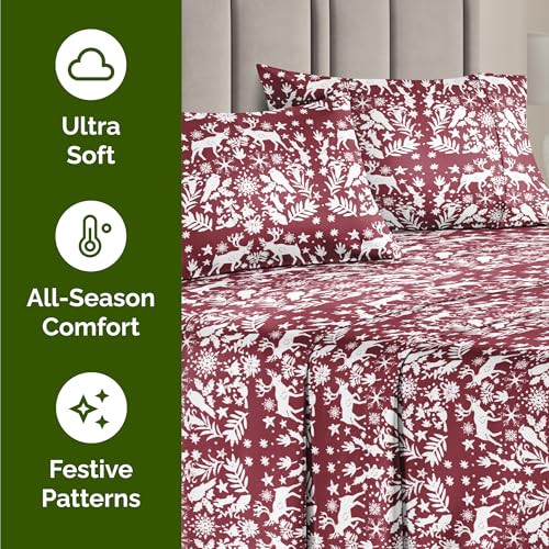Split King Christmas Nordic Sheet Set - Holiday Xmas Pattern Bedding Set - Deep Pockets - Snug Fit - 5 Piece - Wrinkle Free - Cozy Cooling Festive Winter - Holiday Sheets for Women, Men, Kids & Teens