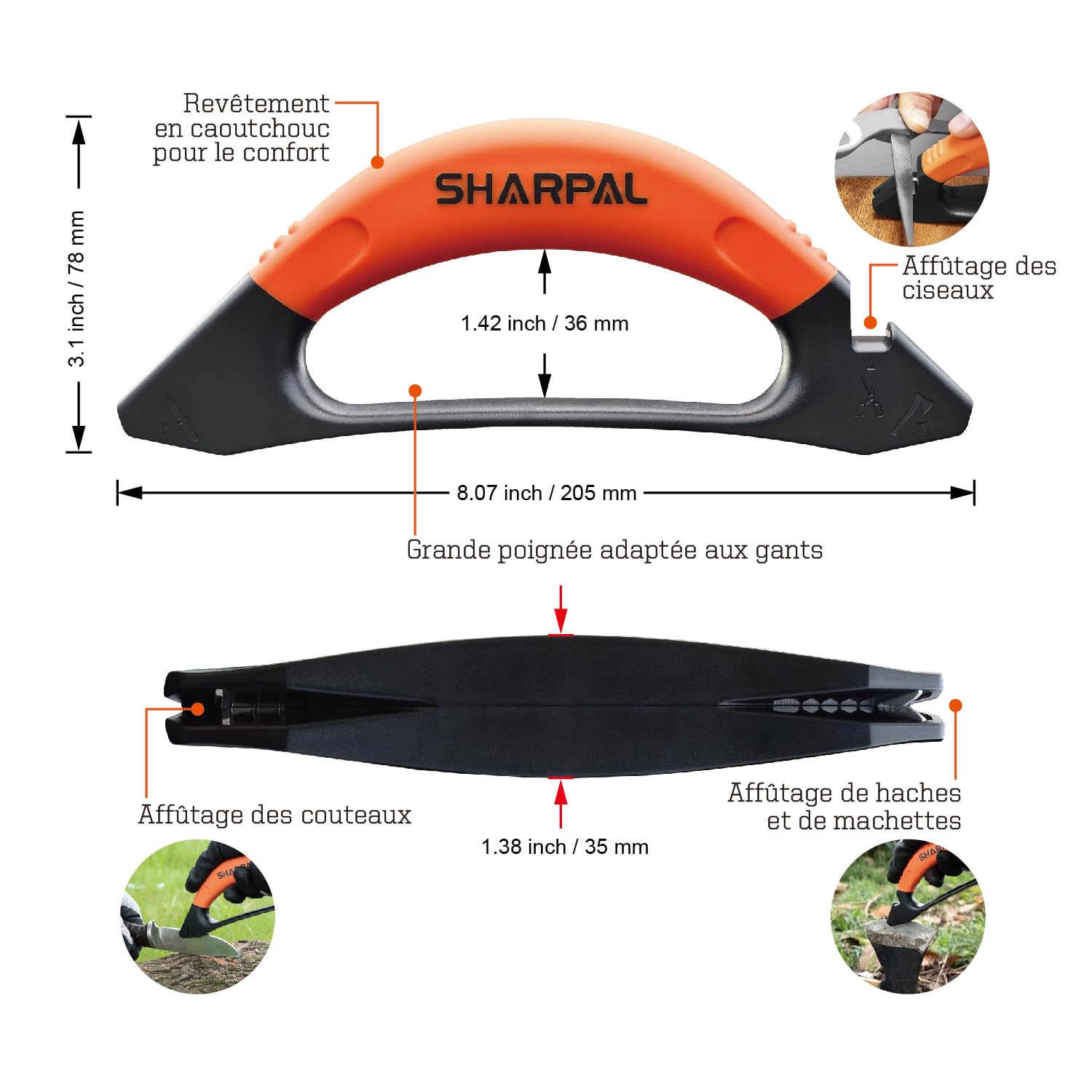 Sharpal 112N Aiguiseur de haches et de couteaux 3 en 1 pour outils de jardin, couteaux, hache, machette, tondeuse à gazon, ciseaux, acier au tungstène pour meulage grossier, céramique pour la finition
