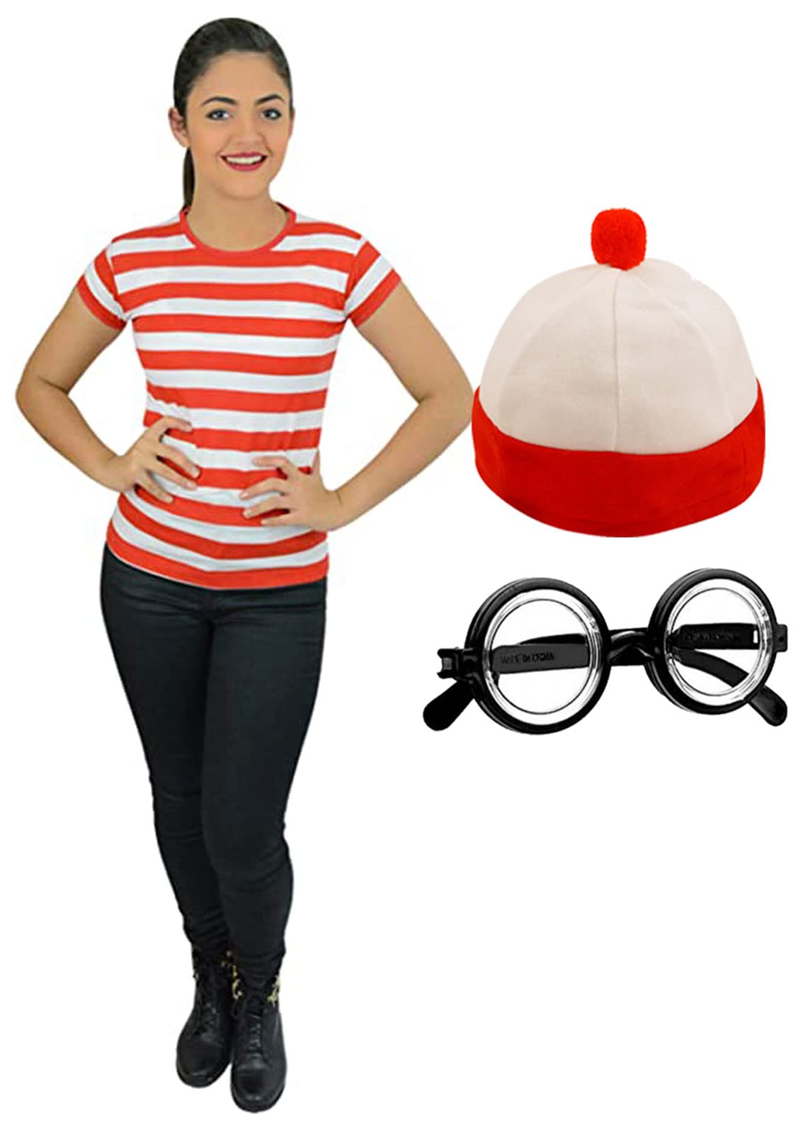 Ladies Women's Girls RED & White Striped T-Shirt Hat Glasses Kit Hen Party World Book Day Fancy Dress Costume (XX-Large)