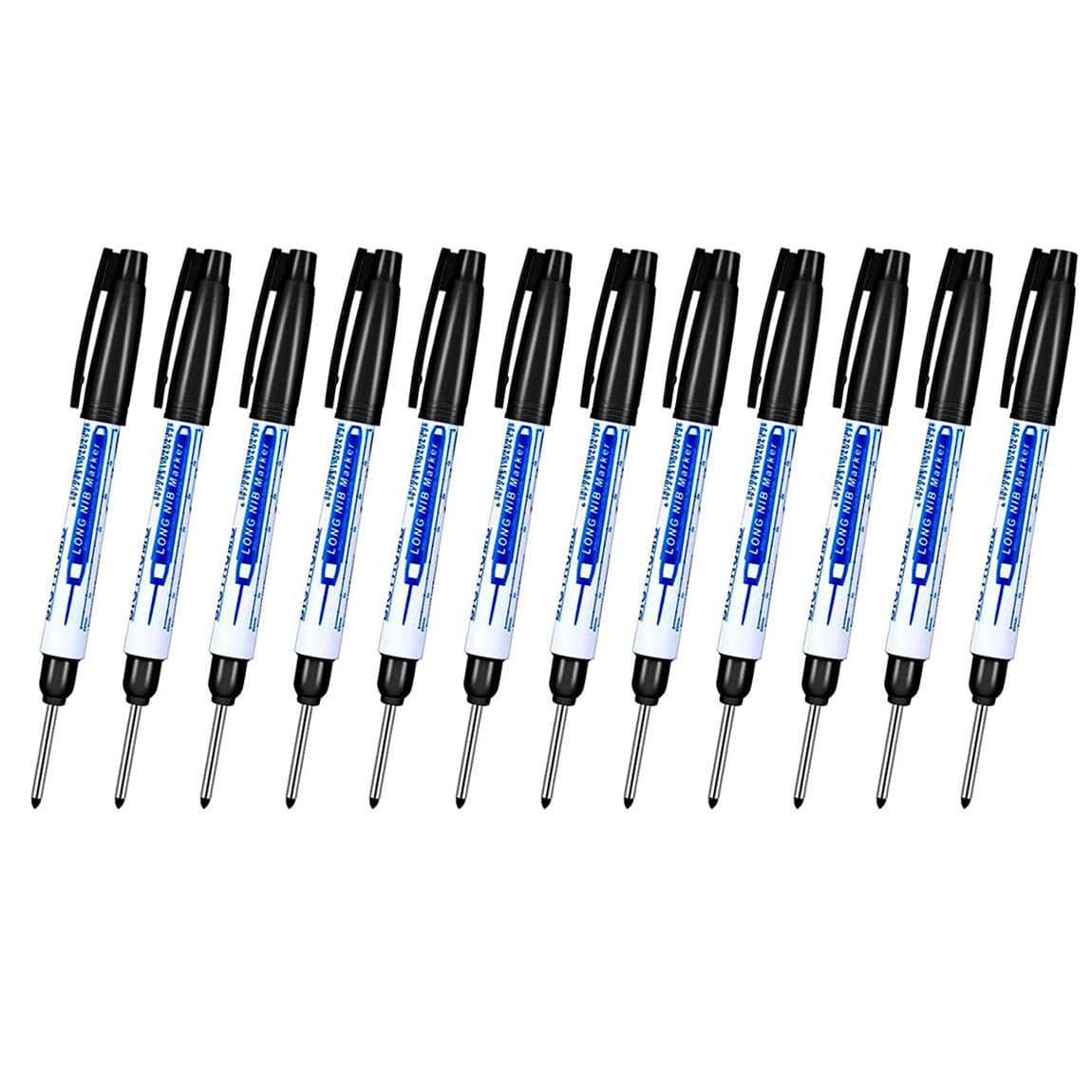 TopHomer 12 rotuladores de agujero profundo, impermeables, de cabeza larga de 30 mm, herramienta de marcado de alcance de punta fina para carpintería, construcción, fabricación (negro)