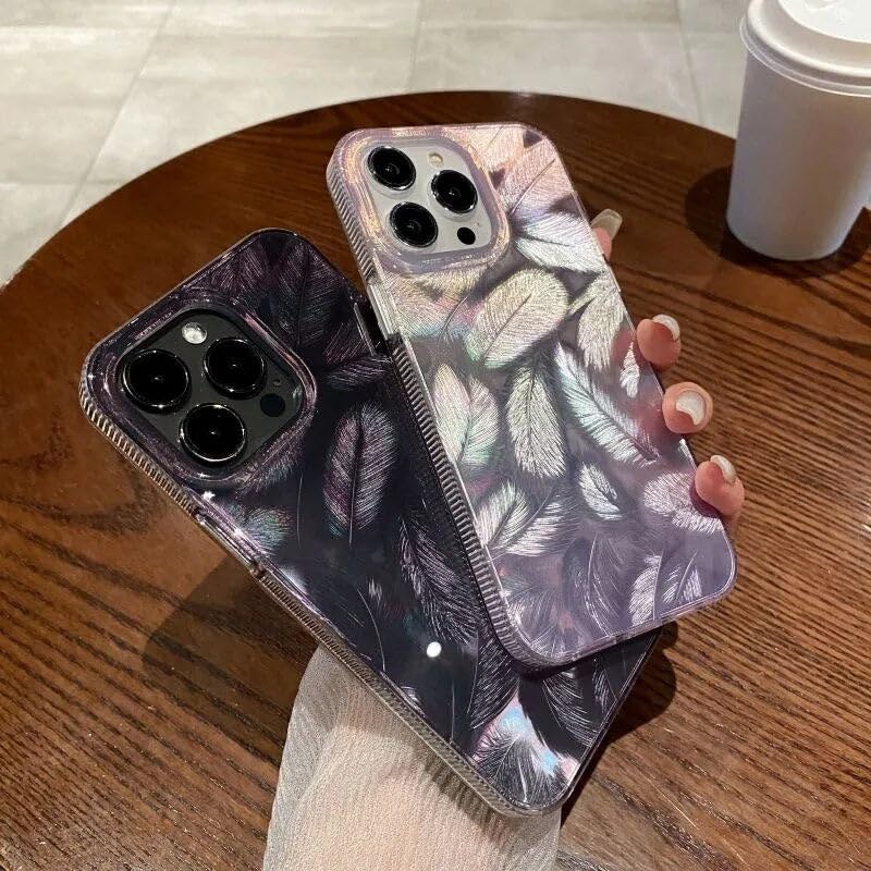 Image of COVERLY 3D Aesthetic Cute Trendy Bling Case for iPhone 12 Pro Luxury Glitter Colorful Dream Feather Art Laser Printing Phone Case for Women Girls Teens Girly Gradient Luxe Leaf Sparkling Cover