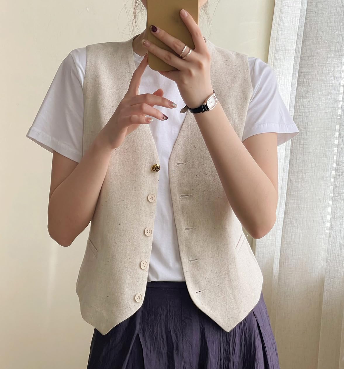 Chaleco de lino para mujer, cuello en V, de un solo pecho, elegante chaleco de negocios, top