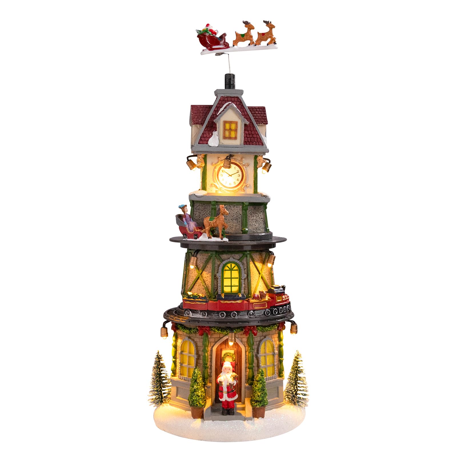 Christmas Village,Christmas Collectible Buildings Christmas Village Houses Christmas Bell Tower with LED Lights,Christmas Vacation Village Musical with USB Indoor Display Figurines Decoration