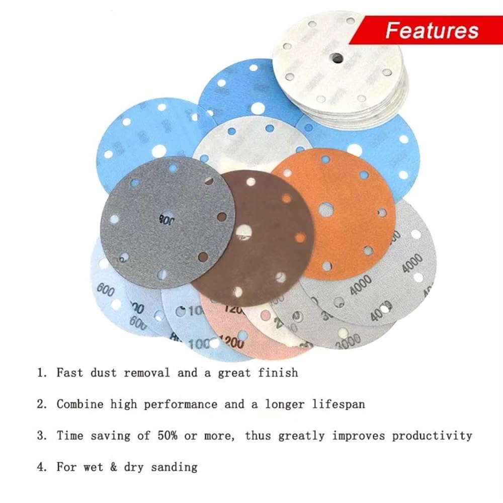 Papel de lija abrasivo ZSBLXHHJD 6 "150 mm 9 agujero Fv Papel de lija de la rueda de la rueda de la rueda de la película del cuerpo y lazo de la bucle Auto ultra fino, 600# -4000#