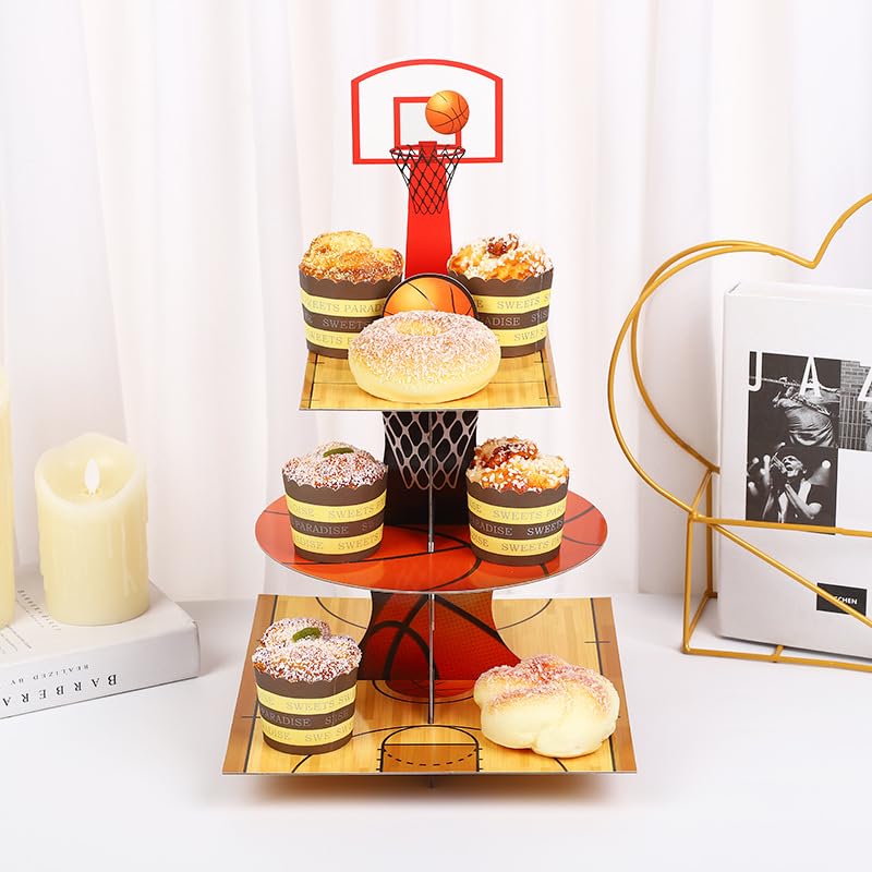 3-stöckiger Basketball-Cupcake-Ständer – MVP-Design, Gelb/lila, Für Geburtstags-Party-Deko, Pappe, 50,5 Cm Hoch