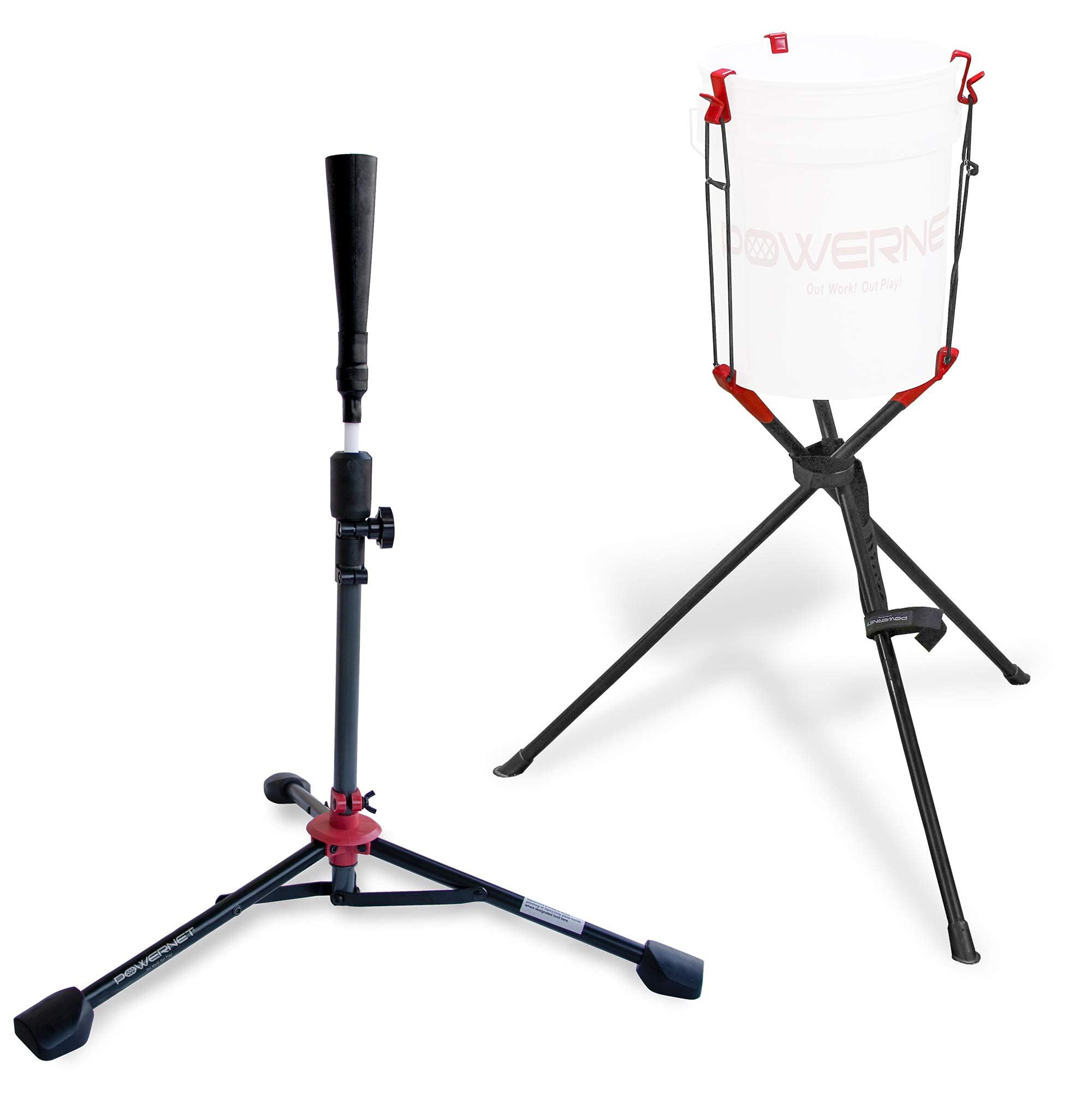 POWERNETBaseball Softball Deluxe (2.5 lbs) Batting Tee + Bucket Caddy Lifter Bundle | Use During Training and Drills | Adjustable Height Tee 27.5" - 44" | Lifter Holds All Standard Buckets