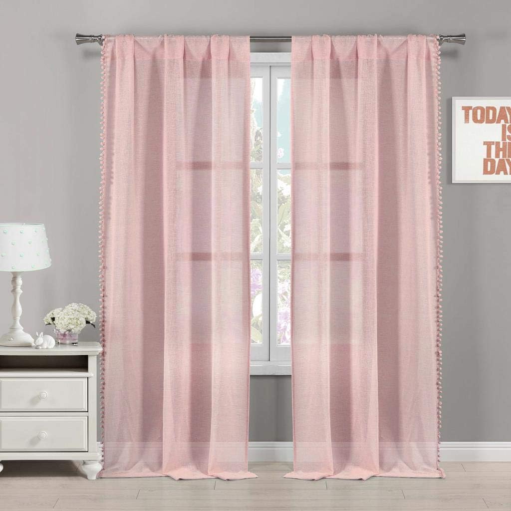 Lala + Bash - Addyson PomPom Trim Pole Top Window Curtains for Living Room & Bedroom - Assorted Colors - Set of 2 Panels (38 X 84 Inch - White)